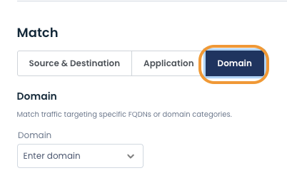Interface showing domain matching options for traffic targeting in a web application.